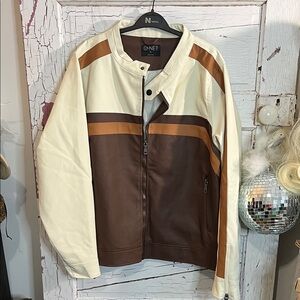 NWT Men's G-Net Vegan Leather Jacket in Chocolate Vanilla Tobacco Zip Front XL
